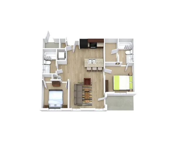 Modern 2D floor plan showcasing 2 bedrooms, stylish open-concept kitchen with breakfast bar, and cozy living area ideal for comfort and entertaining.