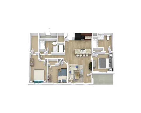Elegant 3D floor plan featuring two spacious bedrooms, modern open kitchen with island, cozy living room, and two stylish bathrooms.