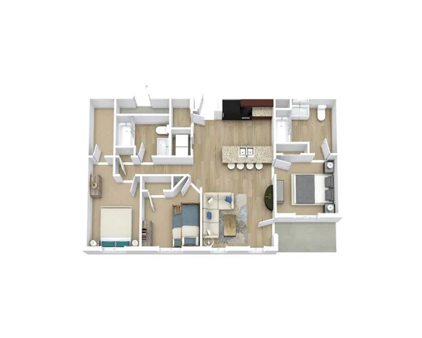 Elegant 3D floor plan featuring 2 bedrooms, 2 bathrooms, an open-plan kitchen, and a cozy living area.
