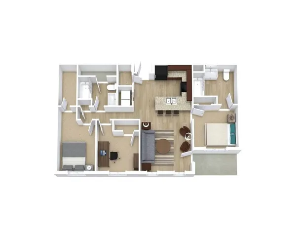 Chic 2D floor plan showcasing 2 bedrooms, an elegant open-concept kitchen, and a spacious living area.