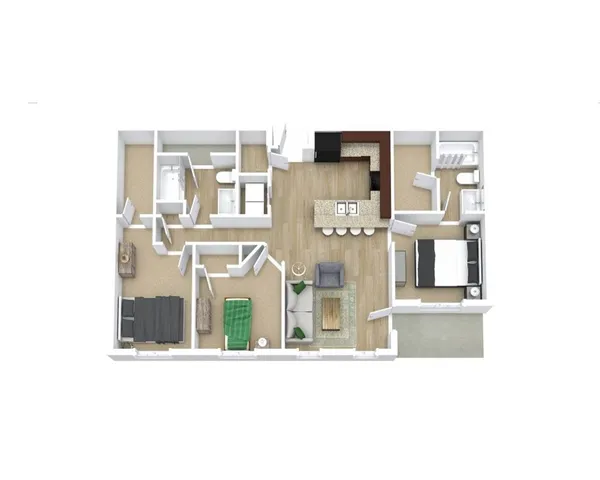 Modern 3-bedroom apartment floor plan featuring an open-concept living area, stylish kitchen with island, and two elegant bathrooms.