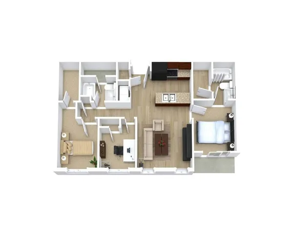 Modern 3D floor plan showcasing two bedrooms, a cozy open-concept living area with kitchen, and luxurious bathrooms.
