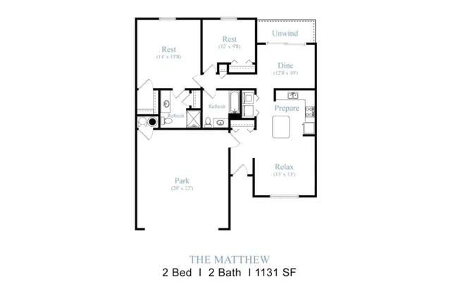The Mathew floor plan showcasing 2 bedrooms and 2 bathrooms within 1131 square feet, featuring a spacious living area, modern kitchen, and inviting dining space.