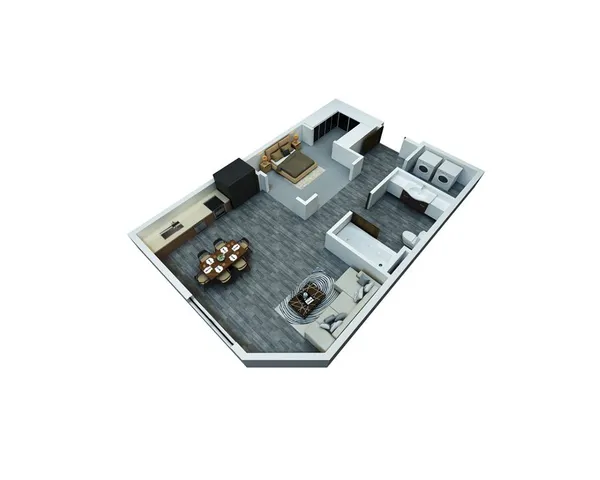 Elegant 3D floor plan featuring a modern one-bedroom layout, open living area, full kitchen, and stylish bathroom.