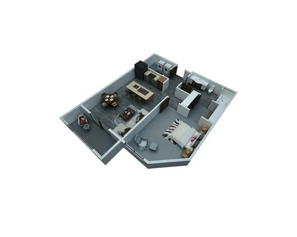 Modern 3D floor plan featuring a spacious open-concept living area, stylish kitchen, cozy bedroom, and elegant bathroom.