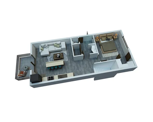 Modern 3D floor plan showcasing an elegant one-bedroom apartment with open-concept living area, sleek kitchen, spacious bathroom, and a cozy balcony for relaxation.
