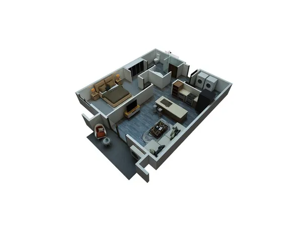 Modern 3D apartment layout featuring a cozy bedroom, stylish living area, sleek kitchen, and convenient laundry space.