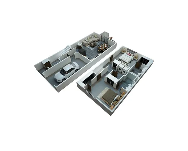 Modern 3D floor plan featuring a 2-bedroom townhouse with a garage, open living area, and stylish kitchen.