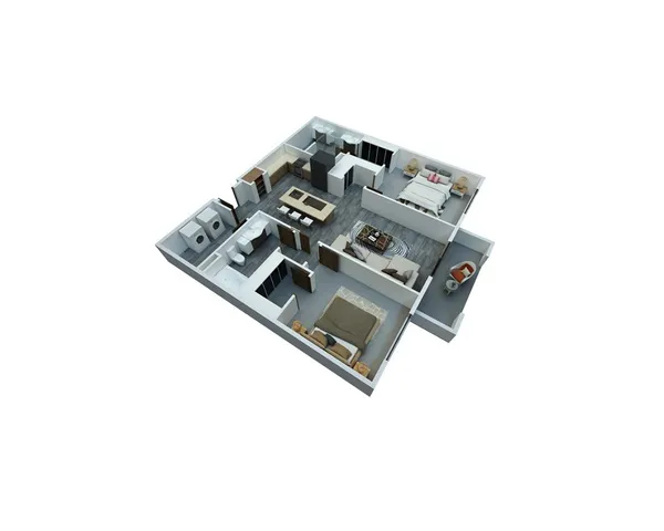 Chic 3D floor plan showcasing 2 bedrooms, modern kitchen, cozy living area, and private balcony perfect for contemporary living.