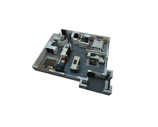Modern 3D floor plan showcasing a sleek one-bedroom apartment with an inviting living area and contemporary kitchen design.