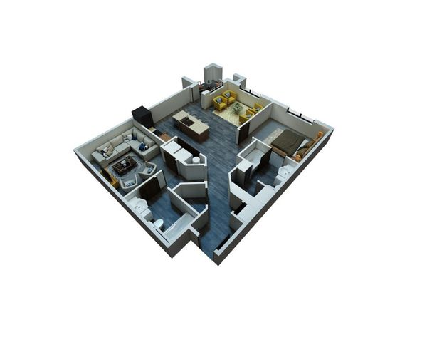 Modern 3D floor plan of a stylish apartment featuring two bedrooms, an open-concept living and dining area, a sleek kitchen, and two bathrooms.