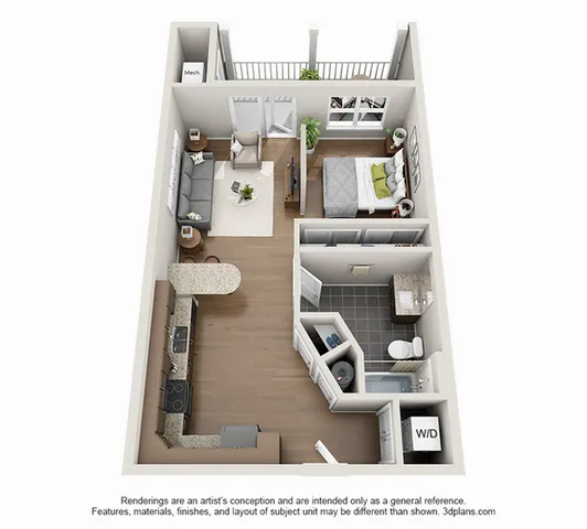 Chic 3D floor plan showcasing a cozy bedroom, open-layout living room, modern kitchen, and stylish bathroom.