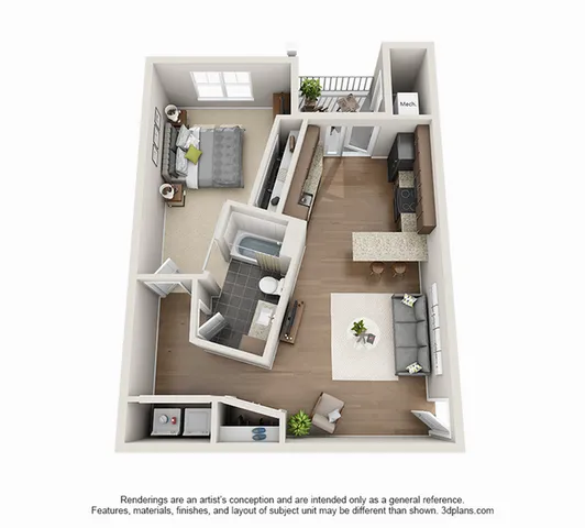 Modern 3D floor plan showcasing a single bedroom, stylish bathroom, cozy living area, and sleek kitchen with breakfast bar, featuring a charming balcony view.