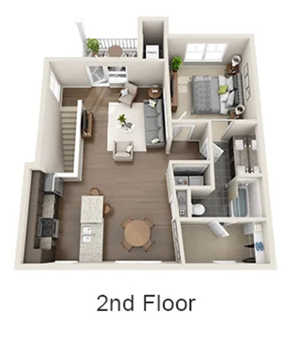 Charming 3D floor plan of a 2nd-floor apartment featuring a cozy living room, modern kitchen, elegant bedroom, and a stylish balcony.