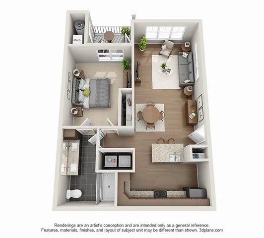Charming 3D floor plan with a cozy bedroom, elegant living room, modern kitchen, and balcony for relaxing.