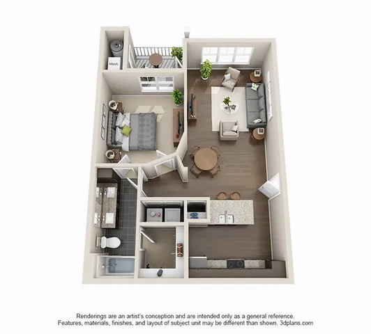 Modern 3D floor plan showcasing a cozy 1-bedroom apartment with a spacious living area, inviting balcony, and sleek kitchen design.