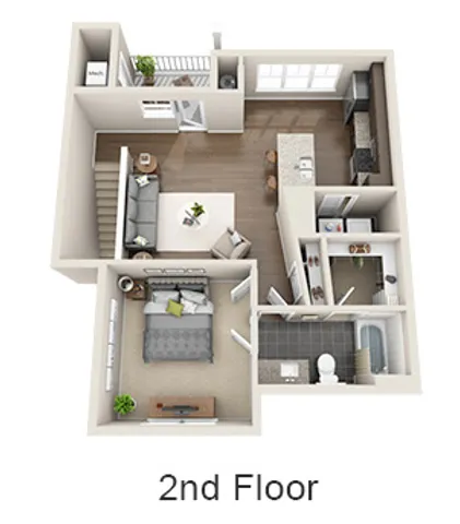 Inviting 2nd-floor plan showcasing two cozy bedrooms, open-concept living space, modern kitchen, and a well-appointed bathroom.