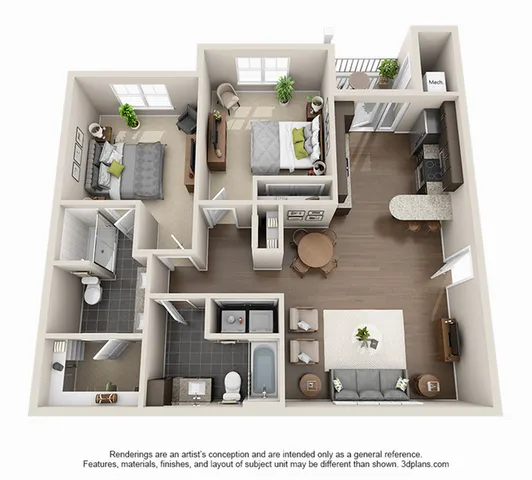 Charming 3D floor plan showcasing 2 cozy bedrooms, modern kitchen with breakfast bar, elegant living room, and dual bathrooms, perfect for comfortable living.
