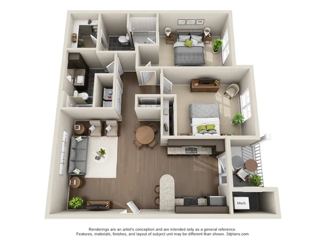 Modern floor plan showcasing a functional two-bedroom apartment with open-concept living area, sleek kitchen, and two bathrooms.