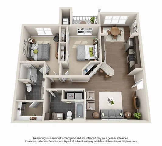 Chic 3D floor plan featuring two cozy bedrooms, a modern kitchen with an island, a stylish dining area, and a comfortable living room. Includes two bathrooms and a charming balcony, perfect for relaxation.