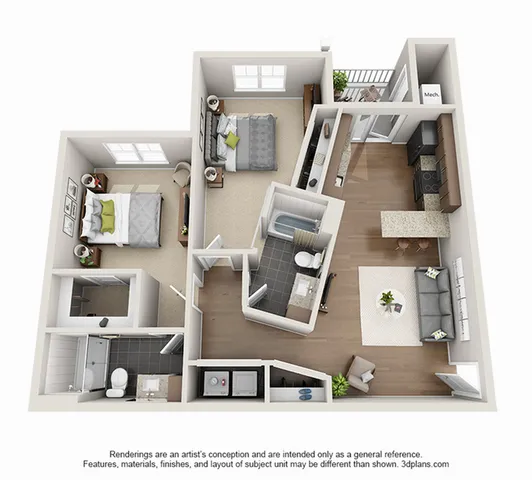Inviting 3D floor plan showcasing 2 bedrooms, modern kitchen with island, cozy living room, and balcony access.