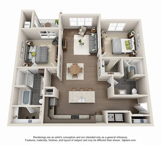 Elegant 3D floor plan illustrating a cozy two-bedroom apartment with an open living area, modern kitchen, and private balconies.