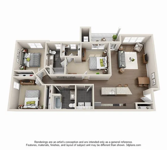 Inviting 3D floor plan showcasing a modern apartment with three bedrooms, open living space, and sleek kitchen; perfect blend of comfort and style.