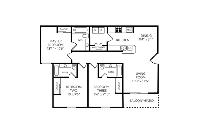 Contemporary 3-bedroom floor plan with spacious living room, elegant kitchen, and private balcony/patio.