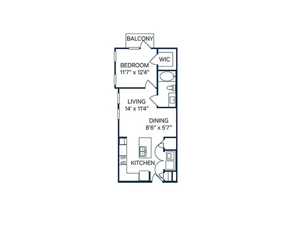 Modern floor plan showcasing a spacious 1-bedroom apartment with a balcony, walk-in closet, open living and dining area, and a well-equipped kitchen.