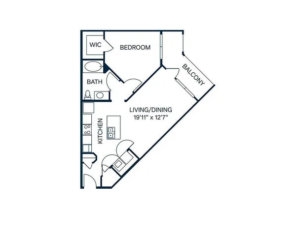 Modern floor plan showcasing one bedroom with a walk-in closet, open kitchen and living area, and a spacious balcony.