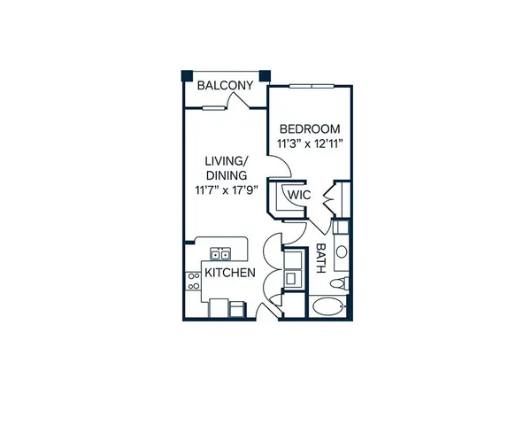 Chic floor plan showcasing a spacious 1-bedroom apartment with an open living/dining area, modern kitchen, and balcony.