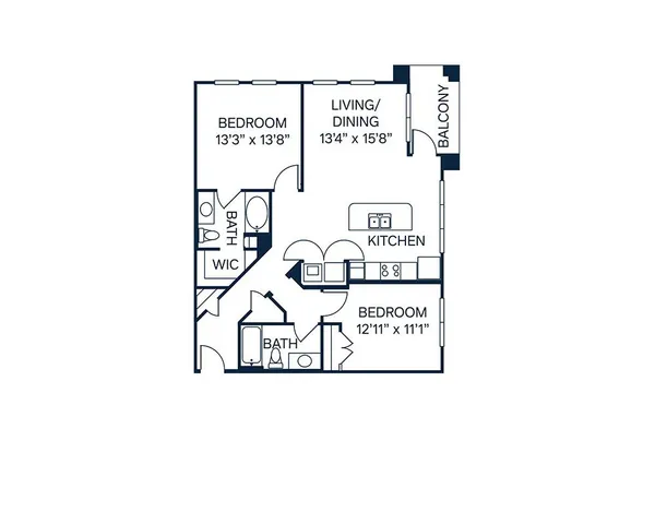 Modern 2D floor plan featuring 2 spacious bedrooms, open-concept living and dining area, sleek kitchen, and private balcony.