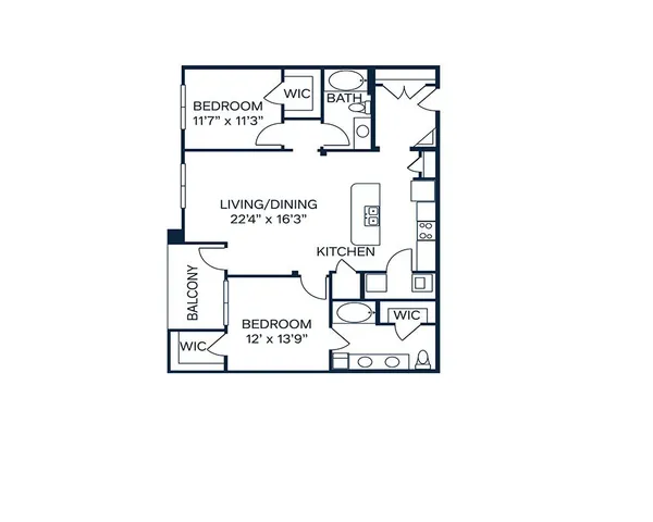 Modern apartment floor plan with 2 bedrooms, spacious living/dining area, open kitchen, and private balcony.