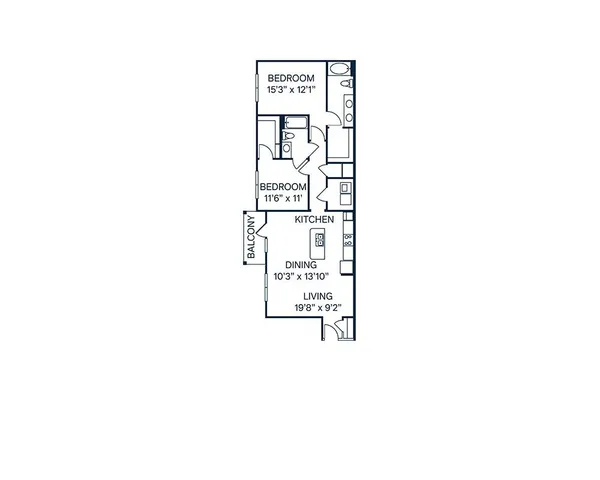 Charming 2-bedroom apartment floor plan with spacious living room, cozy dining area, modern kitchen, and balcony access.