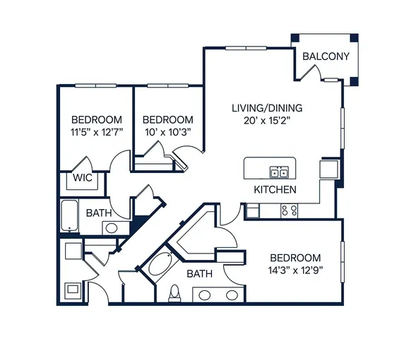 Elegant floor plan showcasing 3 spacious bedrooms, open-concept living and dining area with modern kitchen, 2 bathrooms, and a cozy balcony.