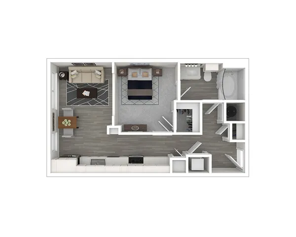 Chic 3D apartment floor plan showcasing a spacious bedroom, modern kitchen, cozy living room, and elegant bathroom.