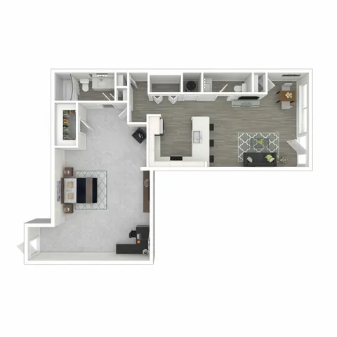 Modern L-shaped floor plan featuring a spacious bedroom, contemporary kitchen with island, cozy living area, and elegant bathroom.