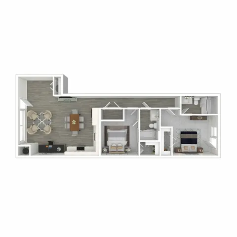 Modern floor plan featuring two elegant bedrooms, a spacious open-concept living and dining area, a sleek kitchen with ample counter space, and two well-appointed bathrooms.