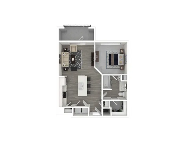 Modern apartment floor plan featuring one bedroom, open-concept living and dining area, stylish kitchen with island, and a sleek bathroom layout.