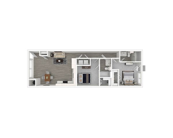 Modern 3D apartment floor plan showcasing an open-concept living area with dining space, two cozy bedrooms, and two bathrooms. Efficient layout for comfortable urban living.