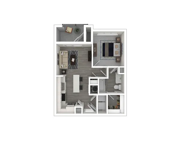 Modern floor plan showcasing a stylish one-bedroom apartment with open-concept living and dining area, sleek kitchen with island, cozy bedroom, and elegant bathroom.