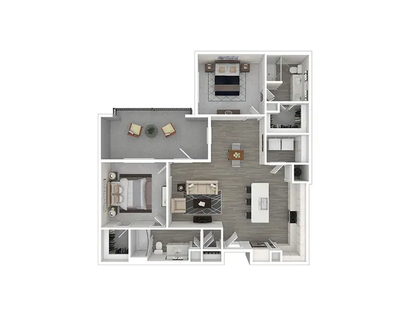 Contemporary floor plan with 2 bedrooms, spacious open-concept kitchen and living area, plus a balcony with seating.
