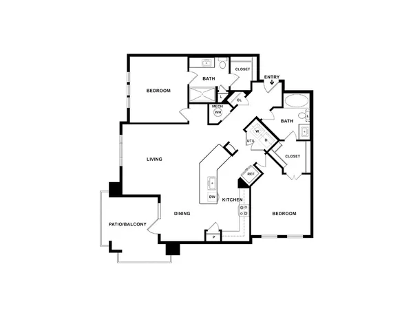 Modern floor plan with 2 bedrooms, open-concept living and dining area, spacious kitchen, and a charming patio balcony.