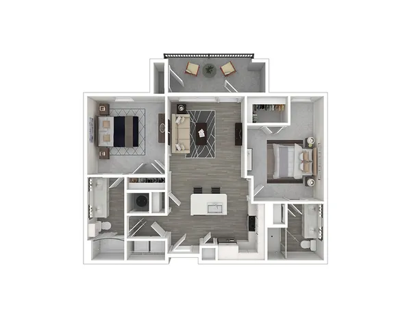 Modern 2D floor plan showcasing 2 bedrooms, elegant open living space, and a sleek kitchen with breakfast bar.