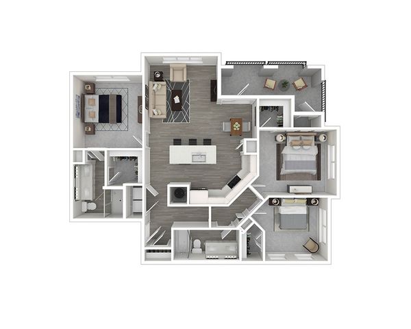 Inviting floor plan with three spacious bedrooms, open-concept kitchen, and modern living area, featuring expansive windows and elegant design.