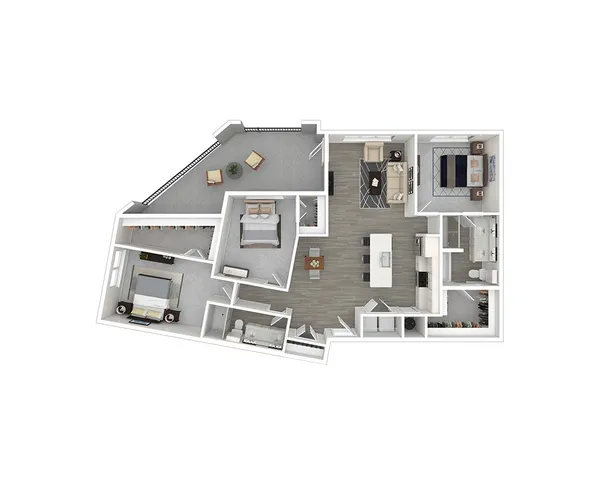 Modern 3D apartment floor plan showcasing 2 bedrooms, stylish open kitchen, cozy living area, and spacious balcony.