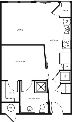 Modern one-bedroom floor plan featuring a spacious living area, sleek kitchen, bathroom with walk-in closet, and in-unit washer dryer.