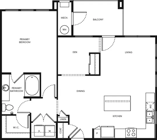 Luxurious floor plan showcasing a primary bedroom with en-suite, spacious living area, modern kitchen with island, and a cozy den leading to a balcony.