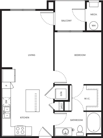 Charming floor plan featuring a spacious living area, modern kitchen, cozy bedroom, balcony, and convenient walk-in closet.