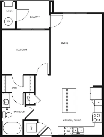 Modern 1-bedroom apartment floor plan featuring a spacious living room, open kitchen and dining area, and a private balcony.
